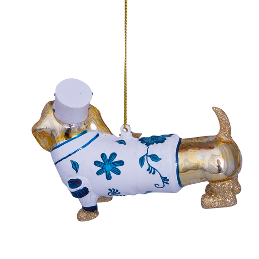 Ornament glass gold/Delft blue dog H8cm w/box