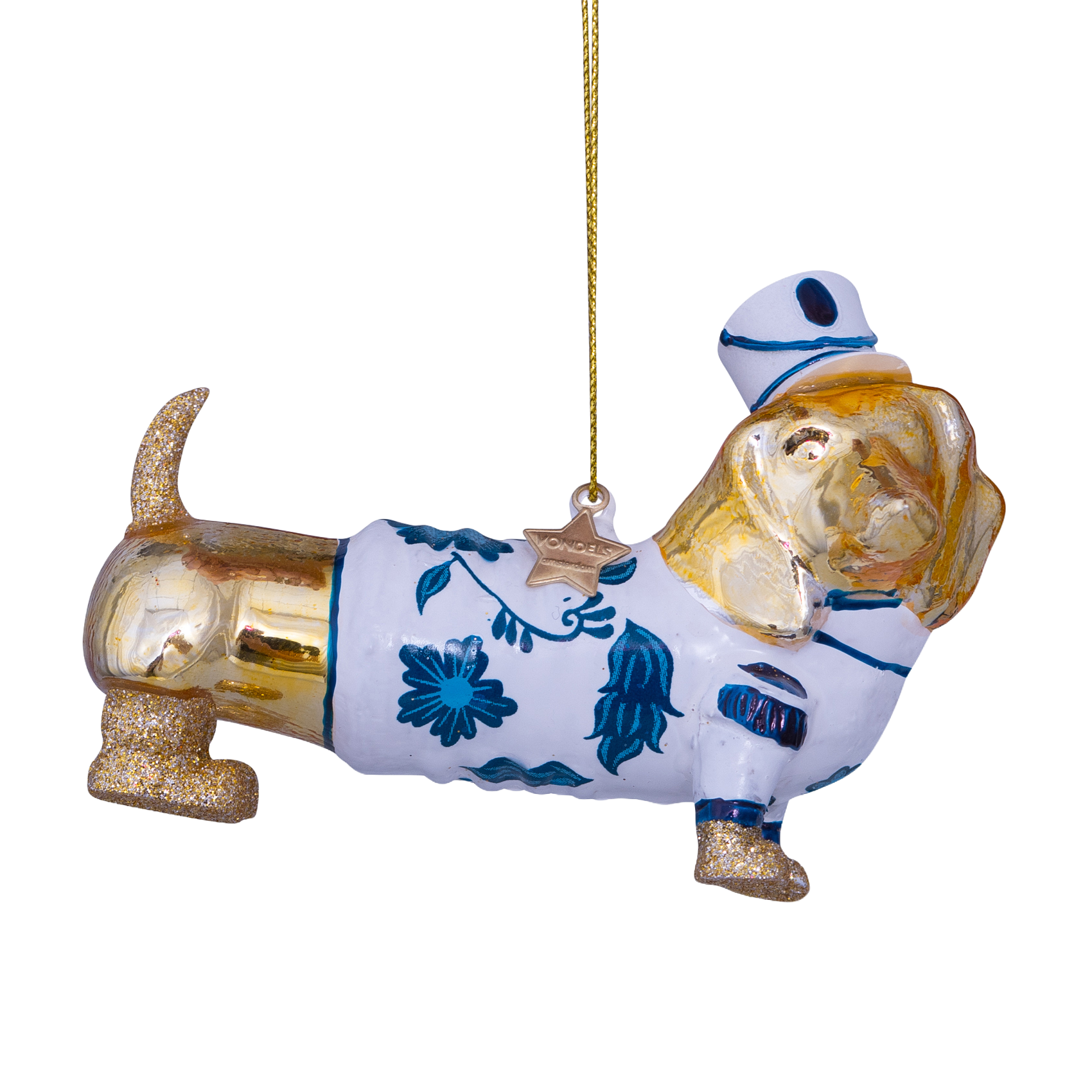 Ornament aus Glas, gold/delfterblau, Hund, H9cm, mit Schachtel