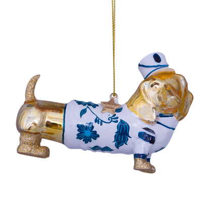 Ornament aus Glas, gold/delfterblau, Hund, H9cm, mit Schachtel