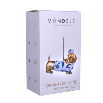 Ornament aus Glas, gold/delfterblau, Hund, H9cm, mit Schachtel