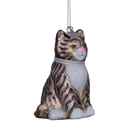 Ornamentkatze aus Glas, weiß/grau, Höhe 7,5 cm