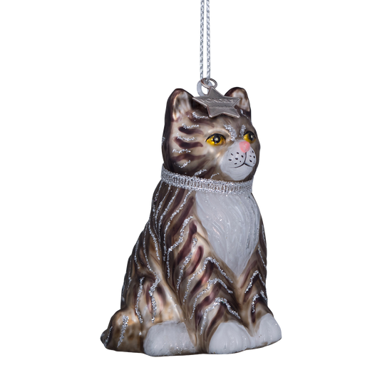 Ornament glass white/grey cat H7.5cm