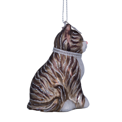 Ornamentkatze aus Glas, weiß/grau, Höhe 7,5 cm