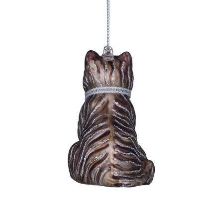 Ornamentkatze aus Glas, weiß/grau, Höhe 7,5 cm