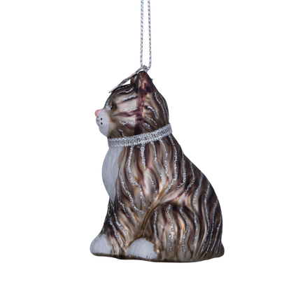 Ornamentkatze aus Glas, weiß/grau, Höhe 7,5 cm