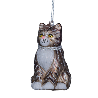 Ornamentkatze aus Glas, weiß/grau, Höhe 7,5 cm