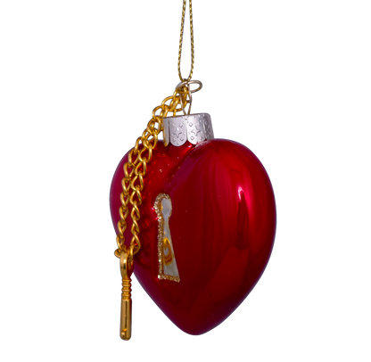 Ornament glass red opal heart with key lock H6.5cm