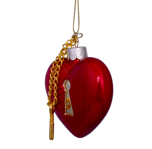 Ornament glass red opal heart with key lock H6.5cm