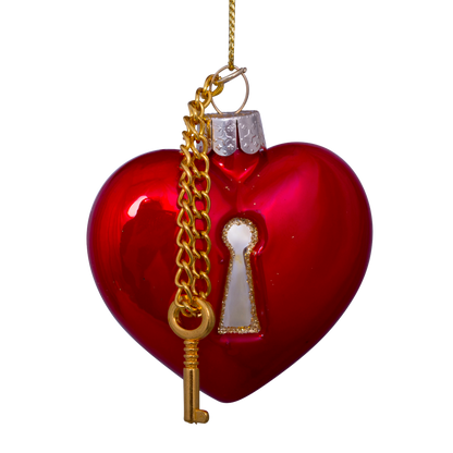 Ornament glass red opal heart with key lock H6.5cm