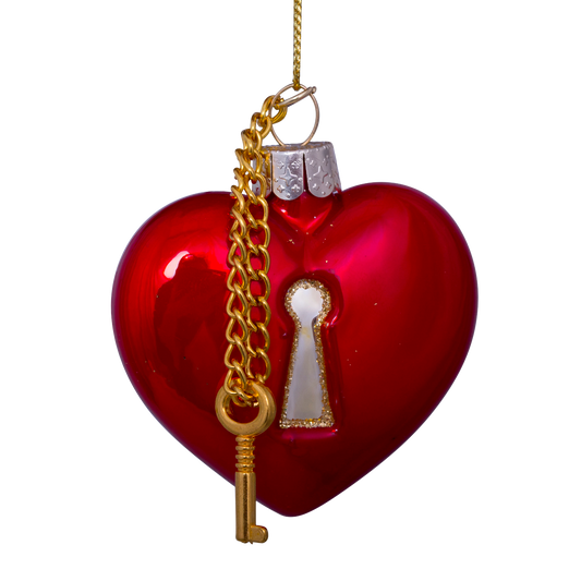 Ornament glass red opal heart with key lock H6.5cm