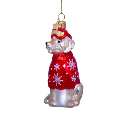 Ornament glass blond golden retriever w/ ski outfit H9.5cm