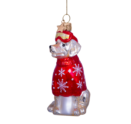 Ornament glass blond golden retriever w/ ski outfit H9.5cm