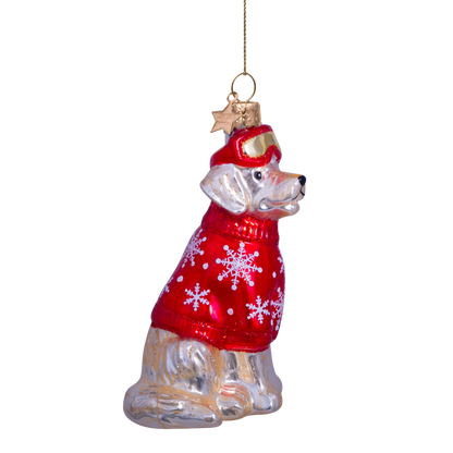 Ornament glass blond golden retriever w/ ski outfit H9.5cm