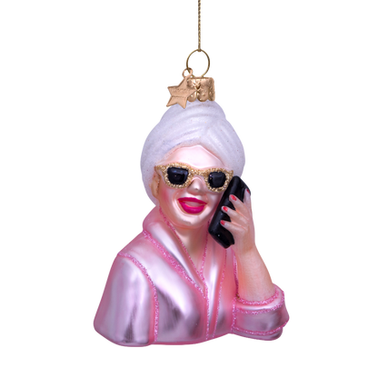 Ornament aus Glas, rosa, entspannende Selbstfürsorge-Mädchen mit Telefon, H9cm