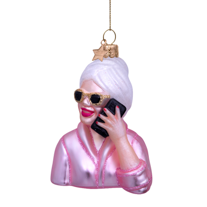 Ornament aus Glas, rosa, entspannende Selbstfürsorge-Mädchen mit Telefon, H9cm