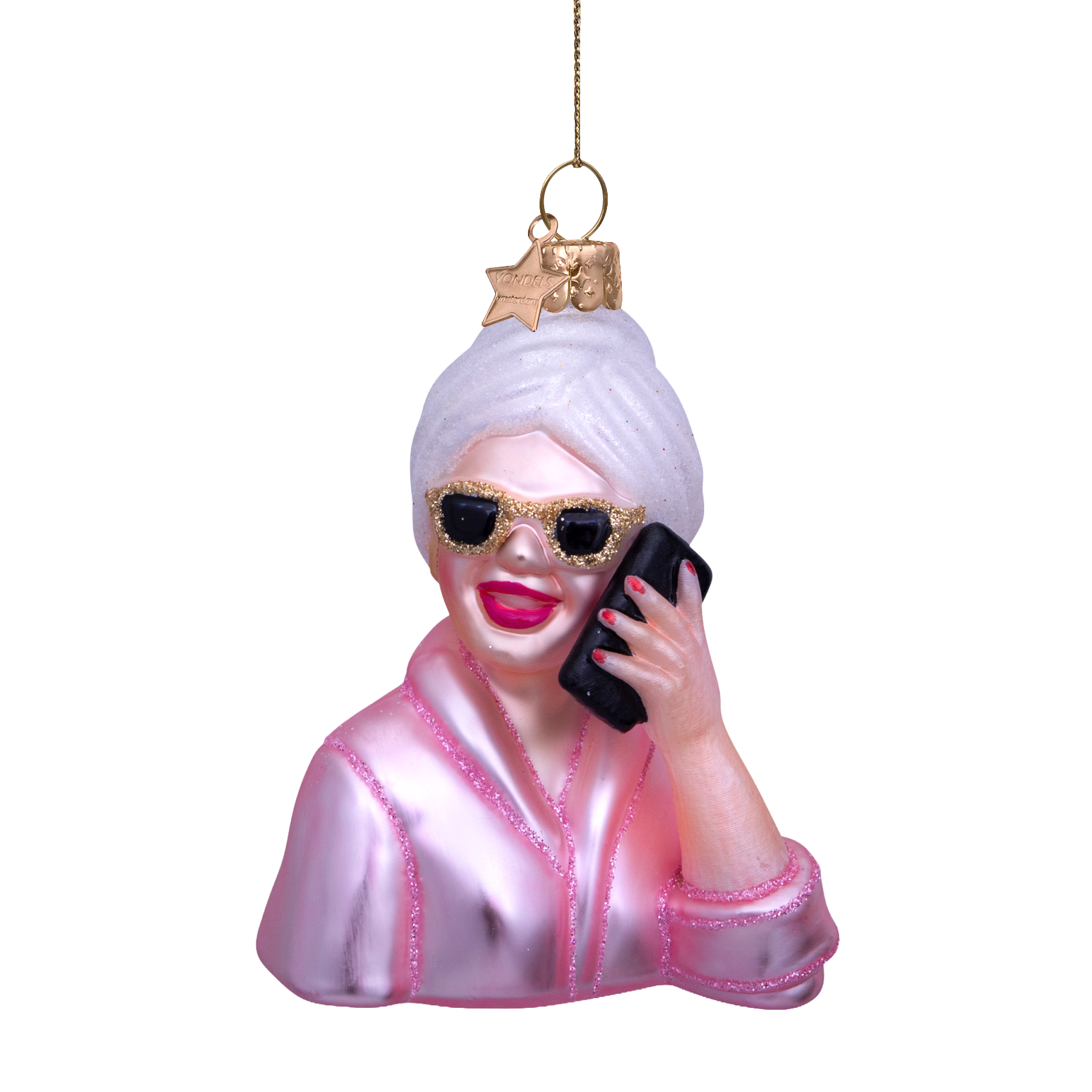 Ornament aus Glas, rosa, entspannende Selbstfürsorge-Mädchen mit Telefon, H9cm