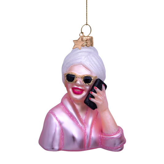 Ornament glass pink relaxing selfcare girl w/phone H9cm