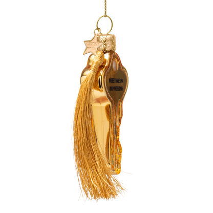 Ornament aus Glas, glänzender goldener Schlüssel mit der Aufschrift „Triff mich in meinem Zimmer“, 8 cm hoch