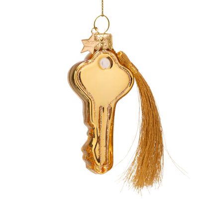 Ornament aus Glas, glänzender goldener Schlüssel mit der Aufschrift „Triff mich in meinem Zimmer“, 8 cm hoch