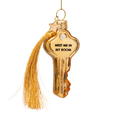 Ornament aus Glas, glänzender goldener Schlüssel mit der Aufschrift „Triff mich in meinem Zimmer“, 8 cm hoch