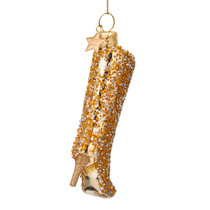 Ornament aus Glas, glänzend goldfarben, mit Diamanten besetzt, Stiefel, Höhe 10,5 cm