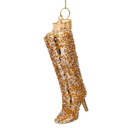 Ornament aus Glas, glänzend goldfarben, mit Diamanten besetzt, Stiefel, Höhe 10,5 cm