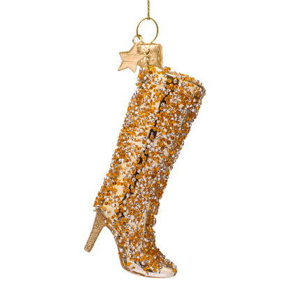 Ornament aus Glas, glänzend goldfarben, mit Diamanten besetzt, Stiefel, Höhe 10,5 cm