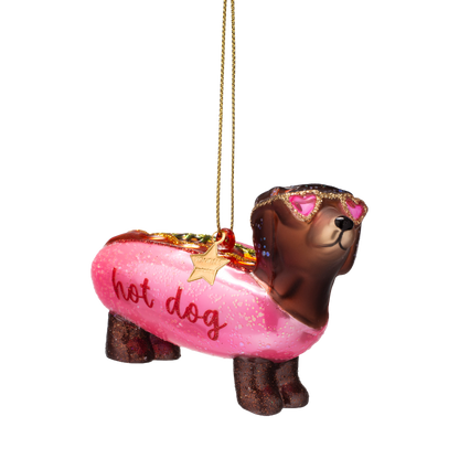 Ornament aus Glas, kaugummirosa Hotdog-Dackel, H6cm