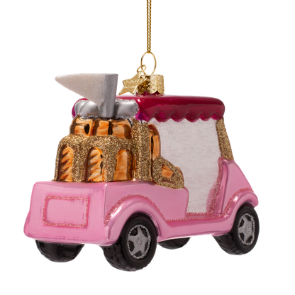 Dekorativer Golfwagen aus opalrosa Glas mit rosa Dach, Höhe 9 cm