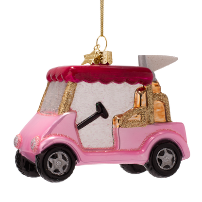 Dekorativer Golfwagen aus opalrosa Glas mit rosa Dach, Höhe 9 cm