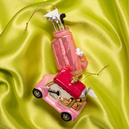 Dekorativer Golfwagen aus opalrosa Glas mit rosa Dach, Höhe 9 cm