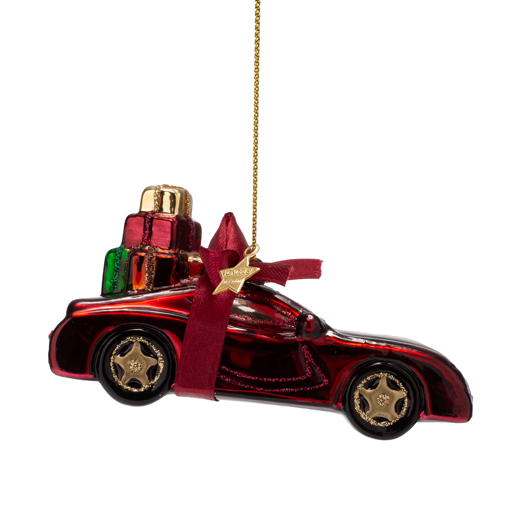 Ornament glass burgundy car w/presents H5cm