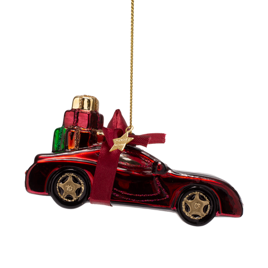 Ornament glass burgundy car w/presents H5cm