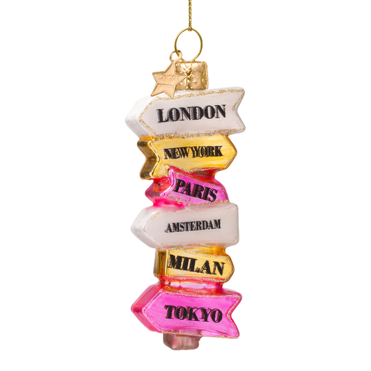 Ornament glass multicolored city direction sign H11cm