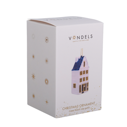 Ornamentales Glas, weiß/blau, Giebel eines Kanalhauses, Höhe 9 cm, mit Schachtel