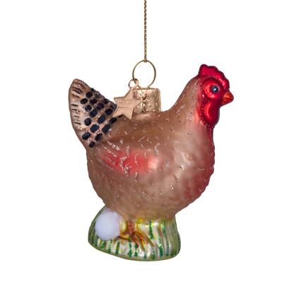 Ornament glass chicken w/eggs H7cm#