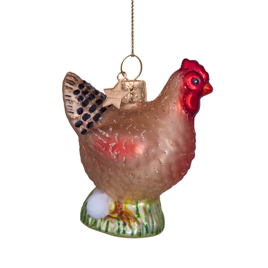 Ornament glass chicken w/eggs H7cm#