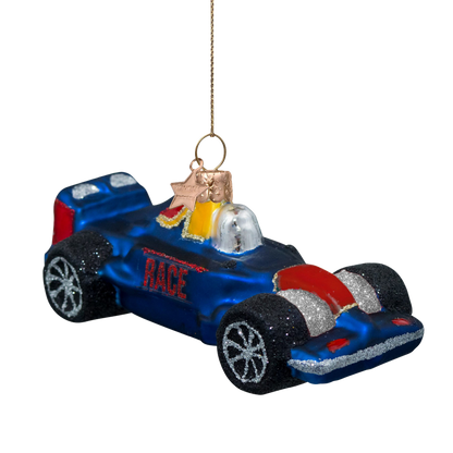 Ornament glass blue racing car H5cm
