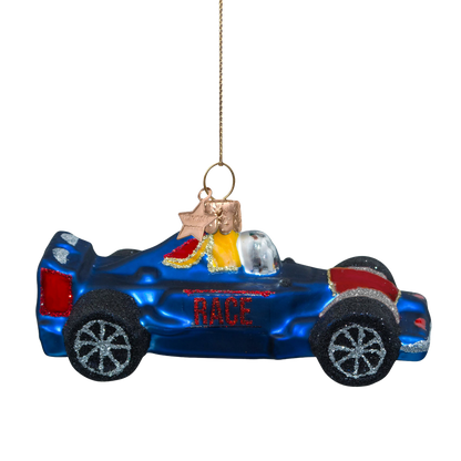 Ornament glass blue racing car H5cm