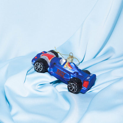 Ornament glass blue racing car H5cm