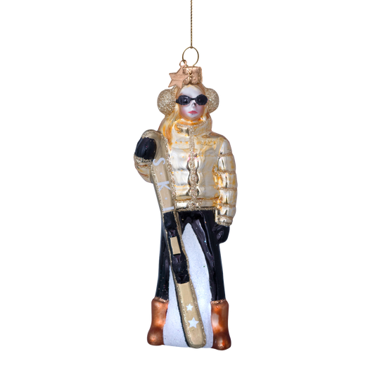 Ornament glass gold ski lady H13cm