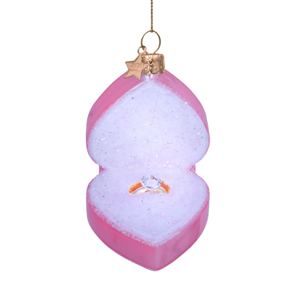 Ornament glass soft pink heart box w/wedding ring H7.5cm