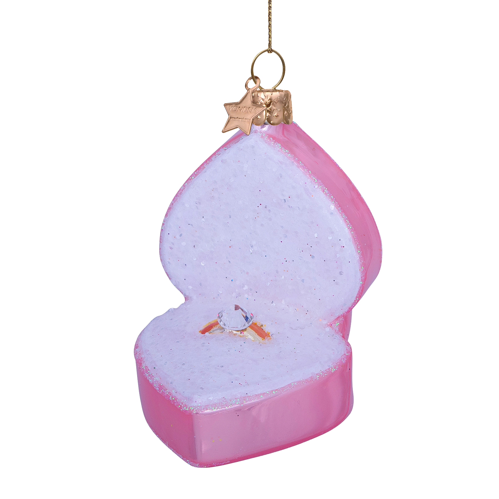 Ornament glass soft pink heart box w/wedding ring H7.5cm