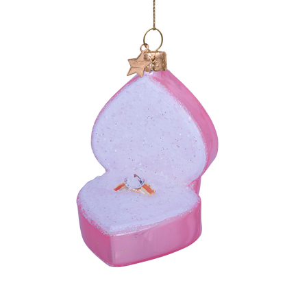 Ornament glass soft pink heart box w/wedding ring H7.5cm