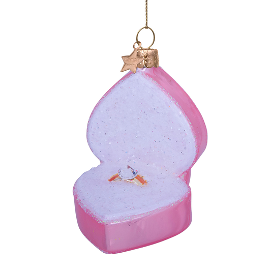 Ornament glass soft pink heart box w/wedding ring H7.5cm