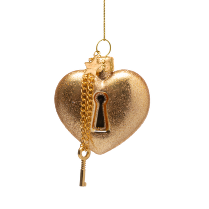 Ornament glass gold heart with key lock H6.5cm