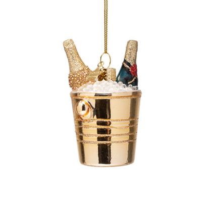 Ornament glass bottles of champagne in gold cooler H8.5cm