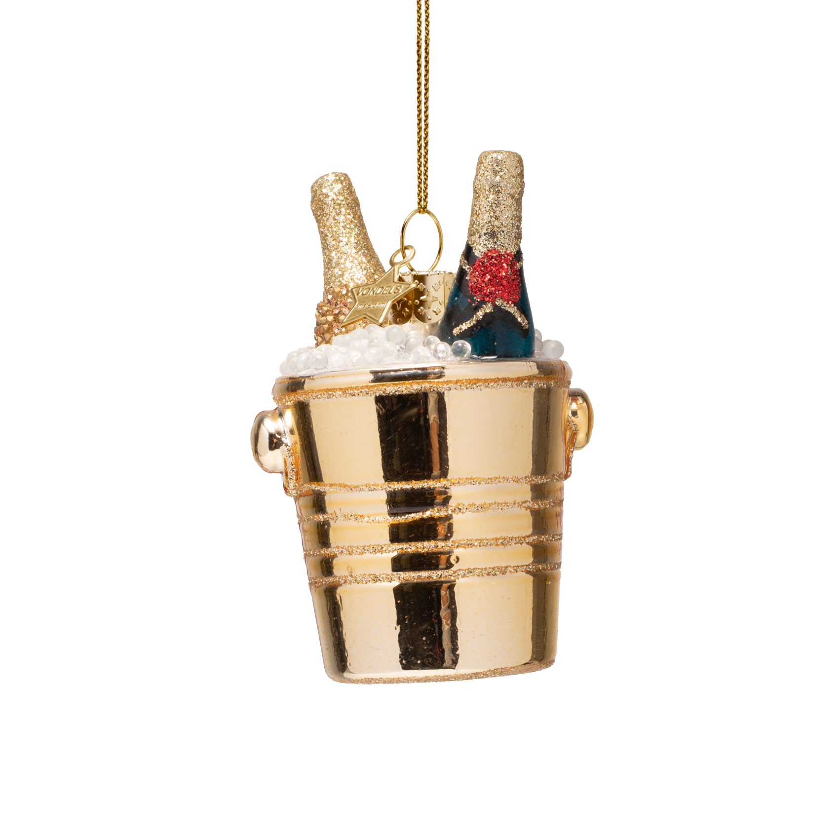 Ornament glass bottles of champagne in gold cooler H8.5cm