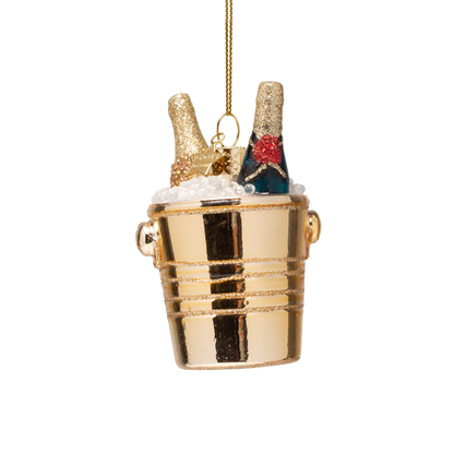 Ornament glass bottles of champagne in gold cooler H8.5cm
