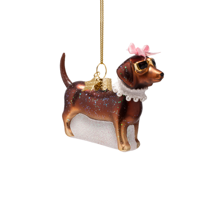 Ornament glass brown dog w/pearls H7.5cm